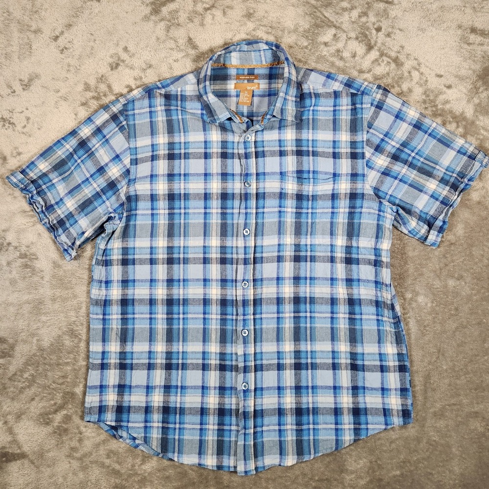 Bruno Shirt Men's XL Blue Plaid Washable Linen‎ Short Sleeve
